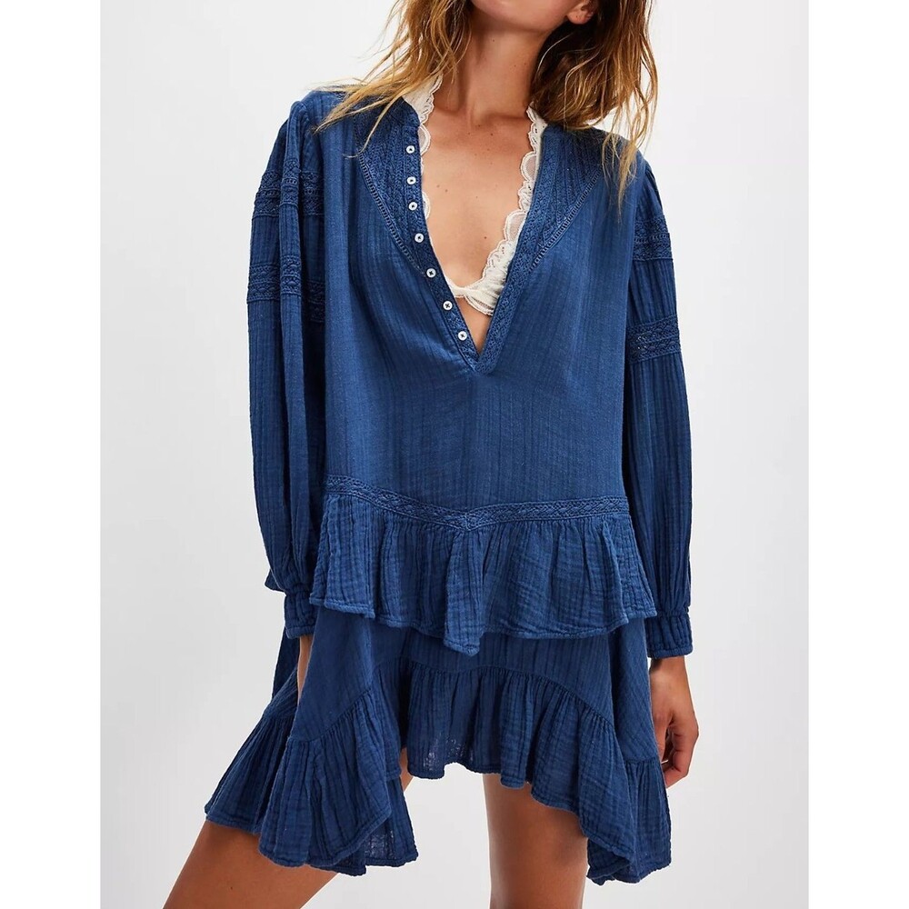 Free People Sachi Mini Dress Billowy Tiered Lace Balloon Sleeves Gauze S 291100